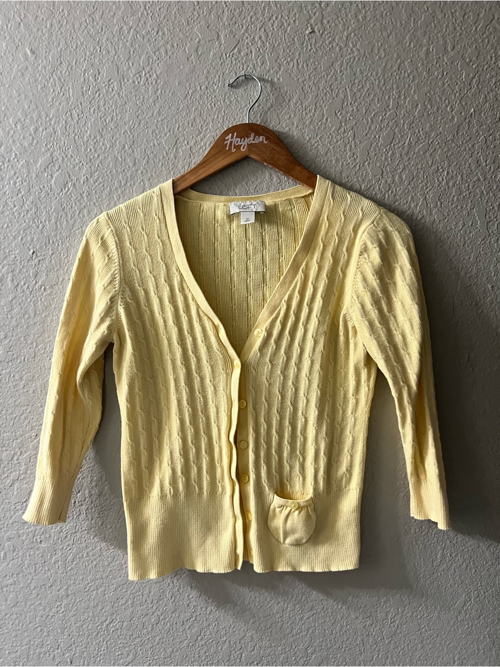 LOFT Pale Yellow Cable Knit V-Neck Cardigan